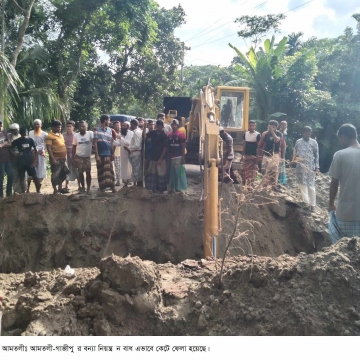 স্লুইজ গেট দখল করে বাড়ী নির্মাণ বন্যা নিয়ন্ত্রণ বাধ কেটে পানি নিস্কাশন।
