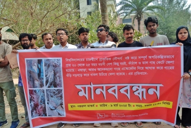 জাককানইবিতে গাছ কাটার প্রতিবাদে মানববন্ধন