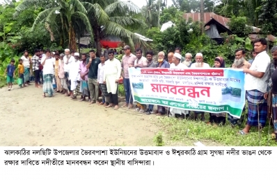 নলছিটিতে তীব্র হচ্ছে সুগন্ধা নদীর ভাঙন,দুই গ্রামের ক্ষতিগ্রস্তদের মানববন্ধন।