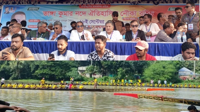 ভাঙ্গায় ৯ বছর পরে নৌকাবাইচ: কুমার নদের দুই পাড়ে লক্ষাধিক মানুষের ঢল